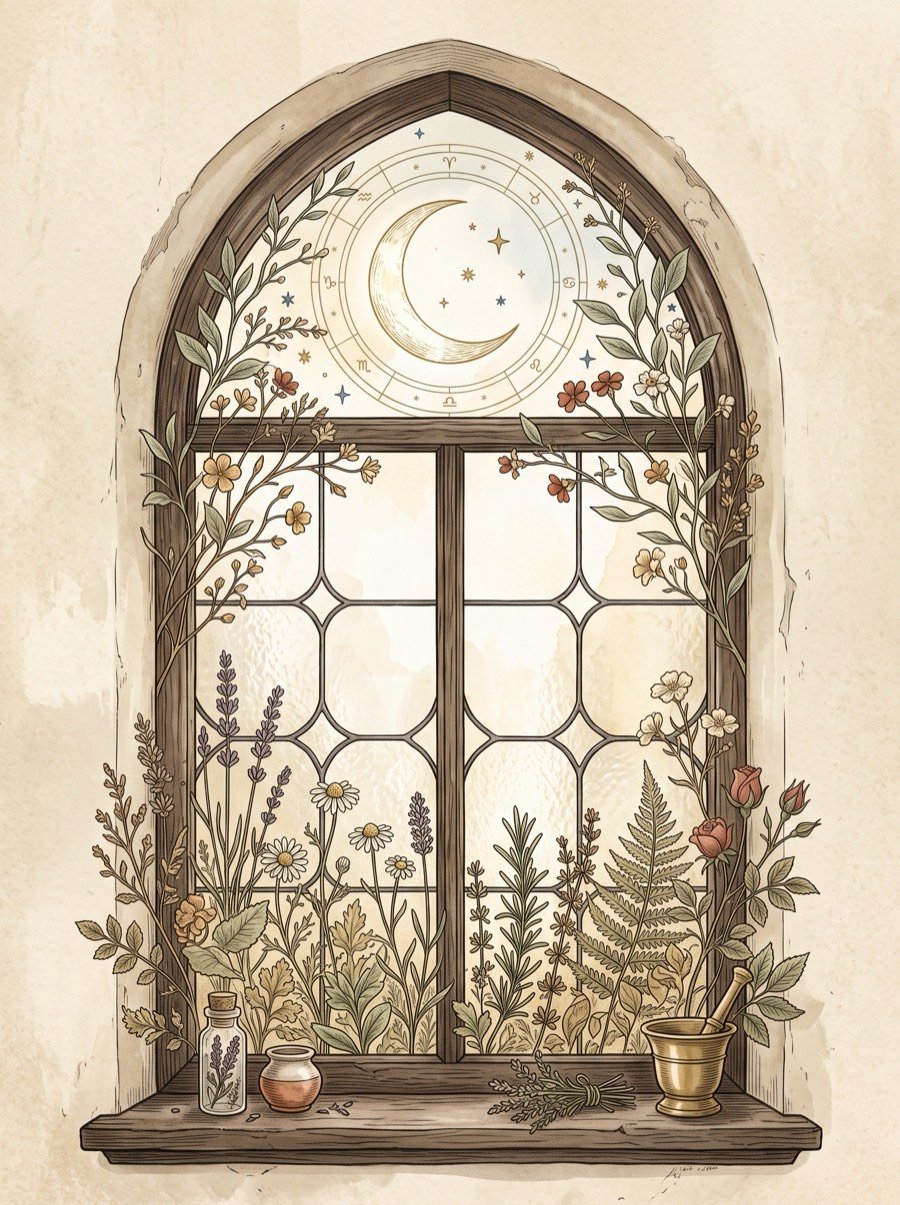 Ventana de apotecaría con luna creciente, rueda zodiacal y hierbas botánicas